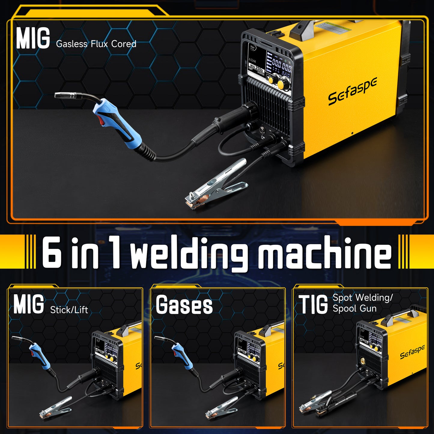 Sefaspe MIG250A 6-in-1 MIG Welder – Dual Voltage with MIG TIG Flux Core and Stick Welding