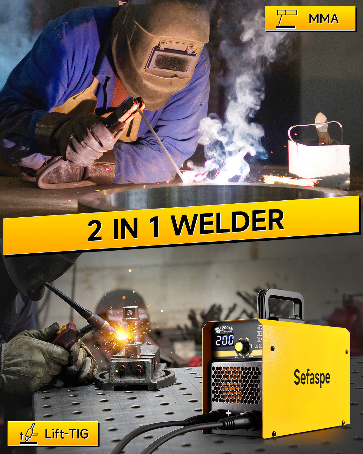 Sefaspe MMA200SE 200Amp Digital Inverter Stick Welder – Portable 110V/220V Dual Voltage MMA & Lift TIG Machine