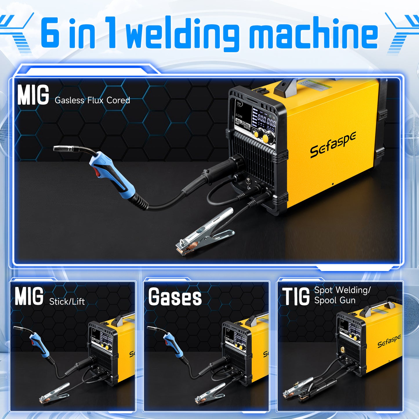 Sefaspe MIG205A Multi-Process Welder – MIG Flux Core Lift TIG and Stick Welding Machine